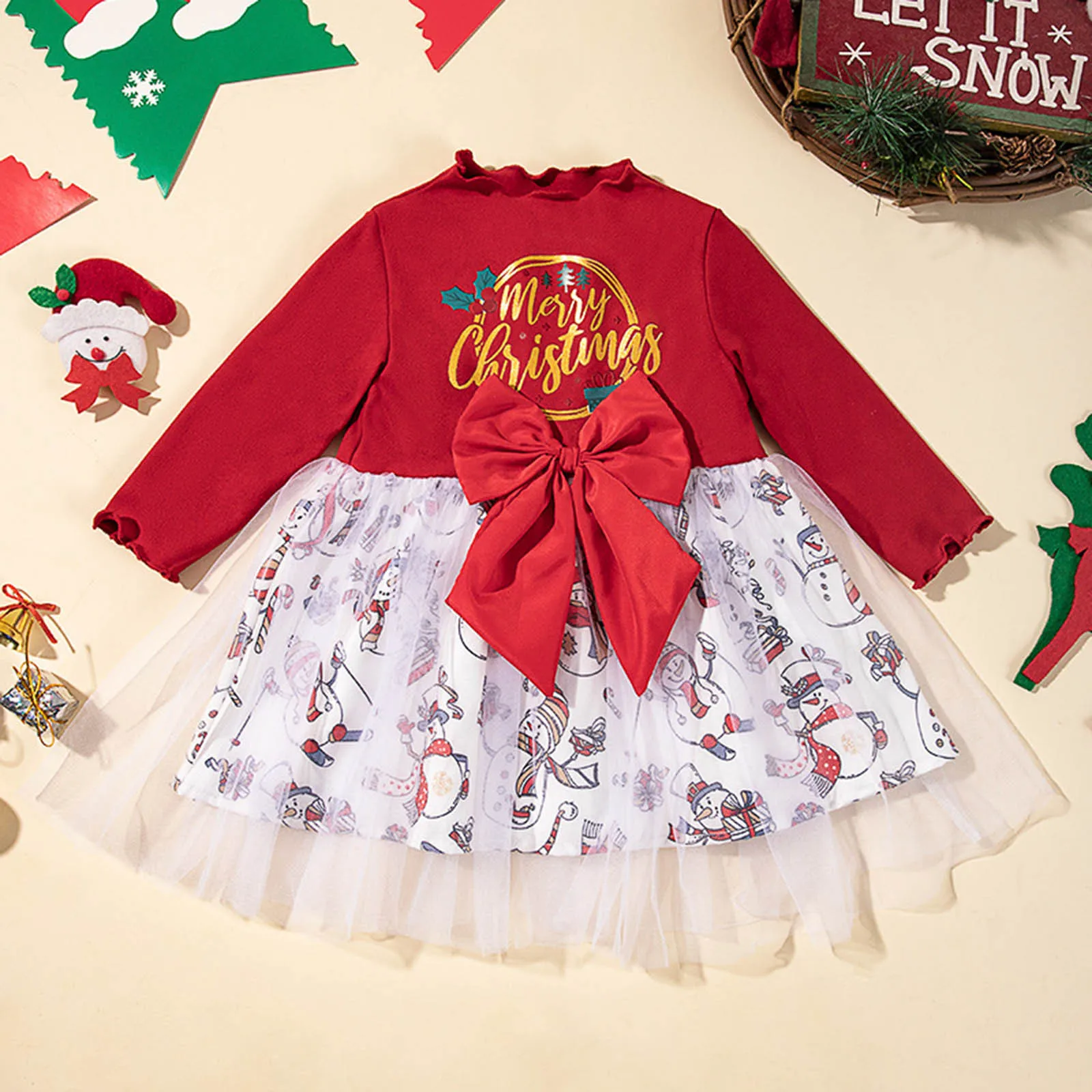 2024 New Christmas Kids Girls Autumn Dress Letter Printed Bow Knot Tulle Princess Dress Children's Clothes Girls Dresses Size 90