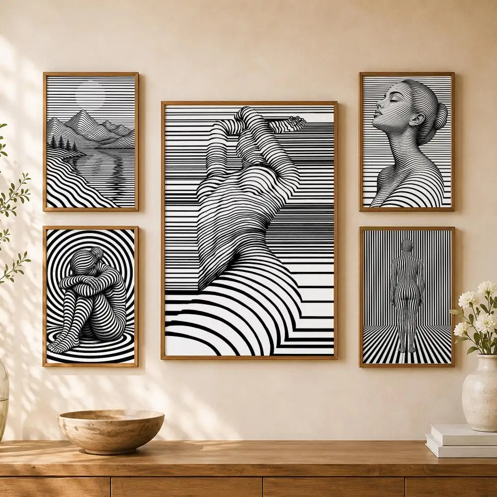 Black White Optical Illusion Lines Surreal Portrait Abstract Poster Home Room Bar Cafe Club Decor Aesthetic Art Wall Painting