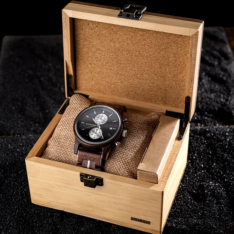 BOBO BIRD New Wooden Men Watch 44mm Luxury Business Quartz Chronograph Watches with Date Display Custom Man Gift montre homme