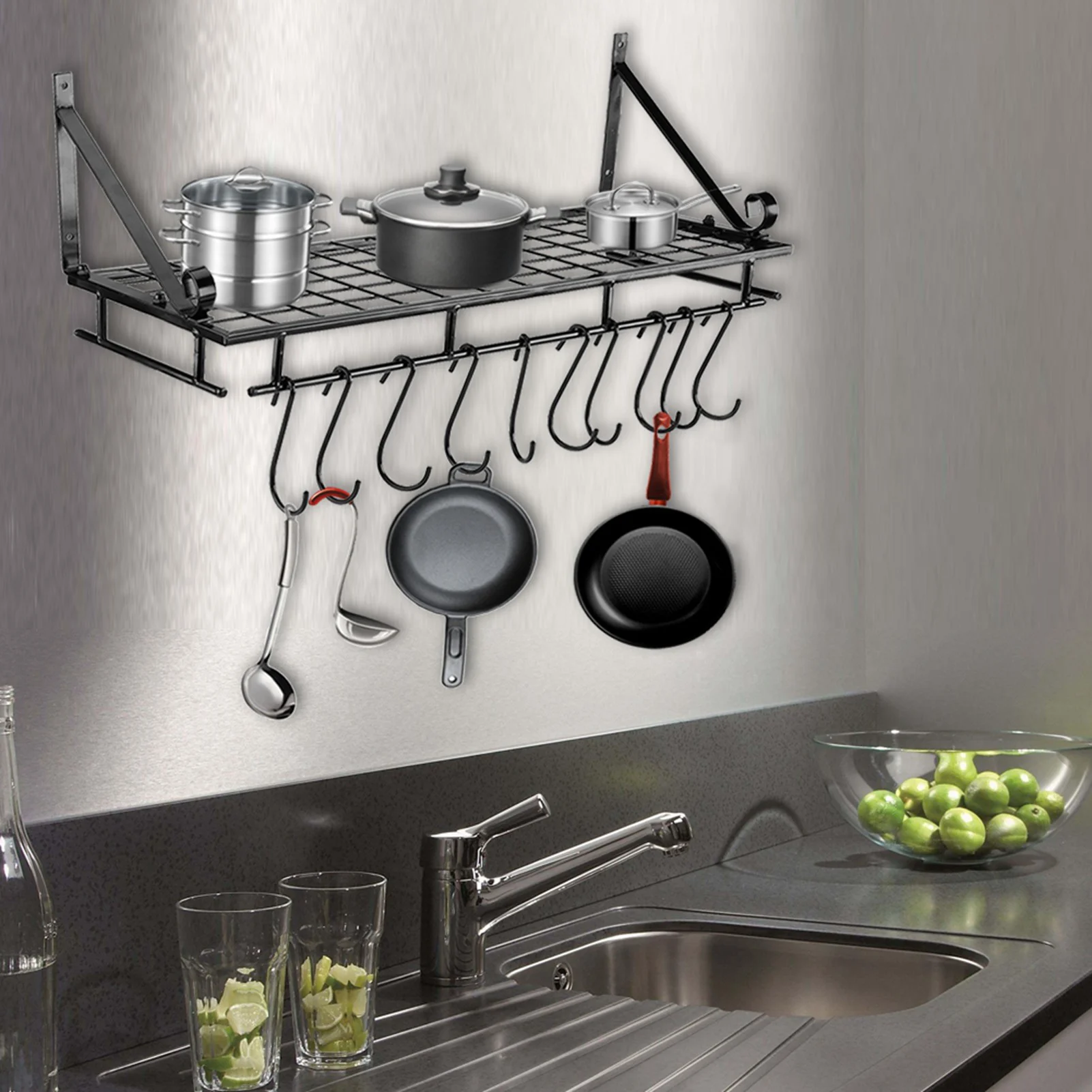 Metal Hanging Pan Pot Rack Wall Mounted with 10 Hook Holder Kitchen Storage Organizer