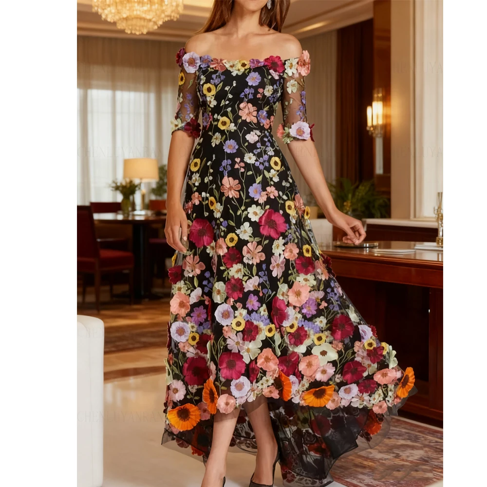 

3D Flower Mother of the Bride Dresses 2025 Off-Shoulder A-line Wedding Guest Gowns Short Sleeves Dress Women for Wedding Party