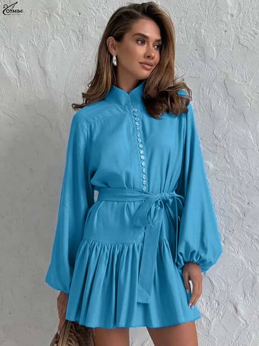 فستان نسائي أنيق بياقة مدورة باللون الأبيض من Oymimi فساتين أنيقة بأكمام منتفخة وصدر واحد برباط فساتين قصيرة غير رسمية بطيات