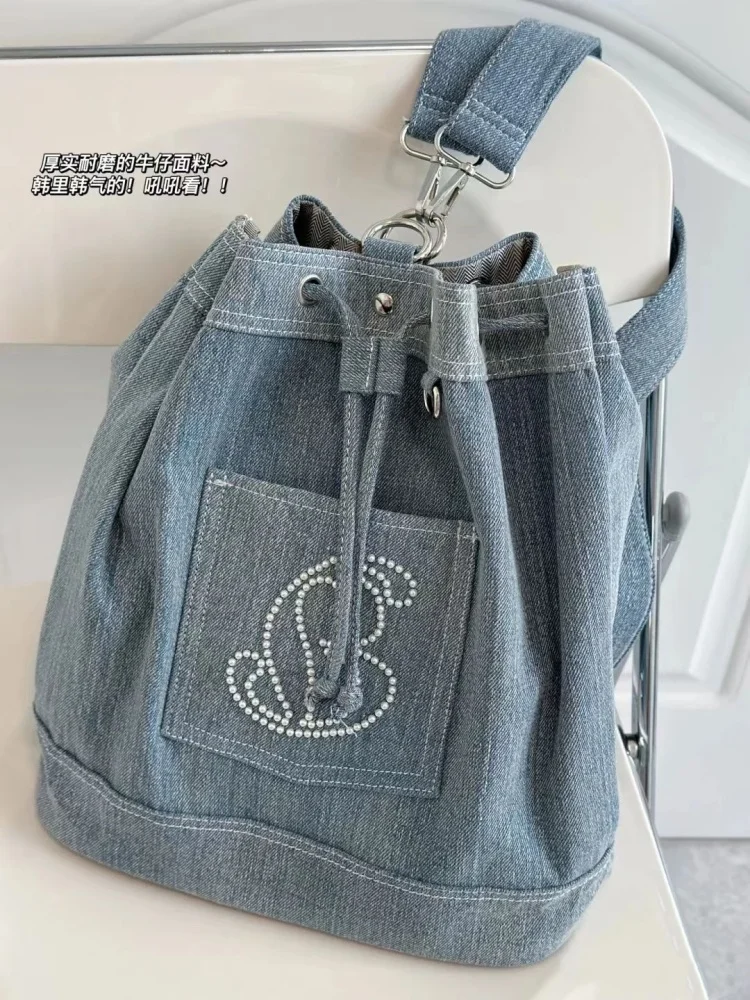 Tas ransel wanita Korea, tas ember Denim kasual wanita Korea, tas ransel serut, tas perjalanan, tas desainer