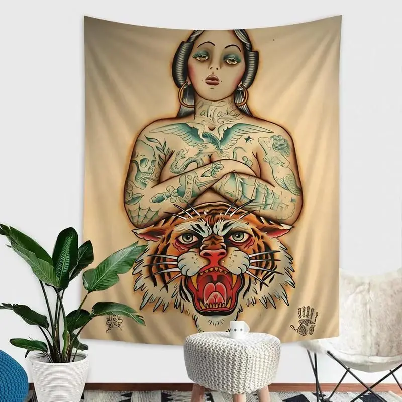 VIKAMA Tattoo Design Book Tropical Botanical Wall Art Tapestry for Living Room Bedroom Home Aesthetic Decor