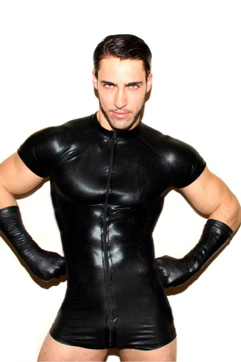 Male Latex Catsuit Wetlook Patent Leather Romper Zipper Open Crotch Jumpsuit Short Sleeves Bodysuit Underwear Club Stage Costume