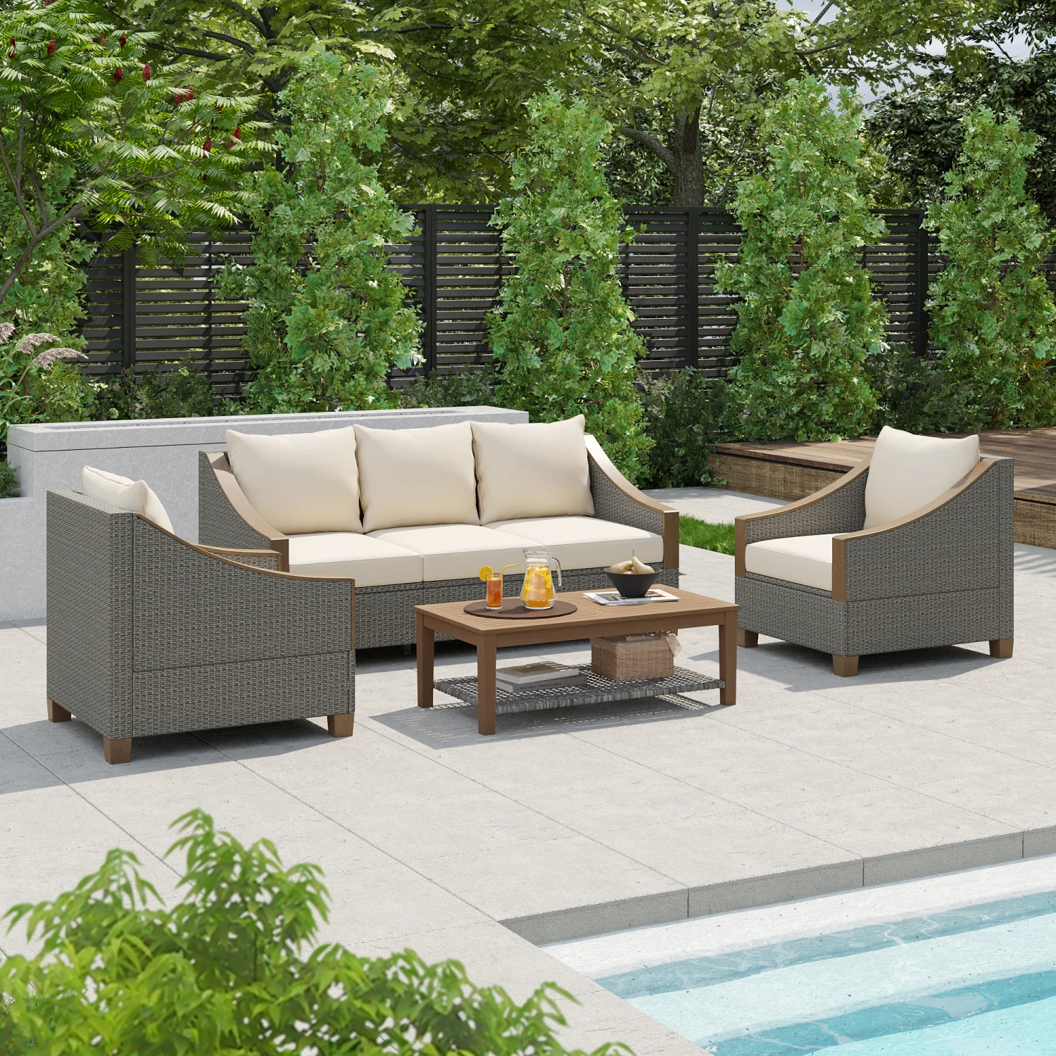 

TREXM 4-Piece Rattan Outdoor Conversation Sofa Set with Wooden Coffee Table and Cushions Seating 5 People for Patio, Garden and