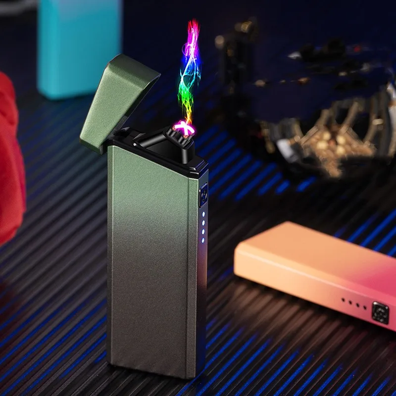 Mini Outdoor Electric Windproof Metal Double Arc USB Lighter Plasma Flameless Touch Sensitive Power Display Lighter Men's Gifts