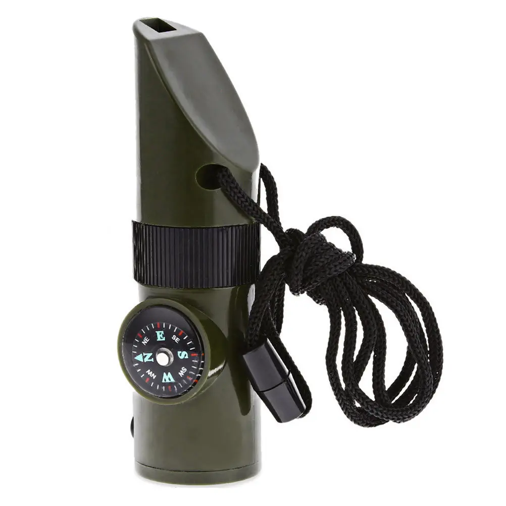 7-in-1 Multifunction Survival Outdoor Expedition Camping Tool Kit Compass Thermometer Magnifier Signal Mirror LED Light Whistle