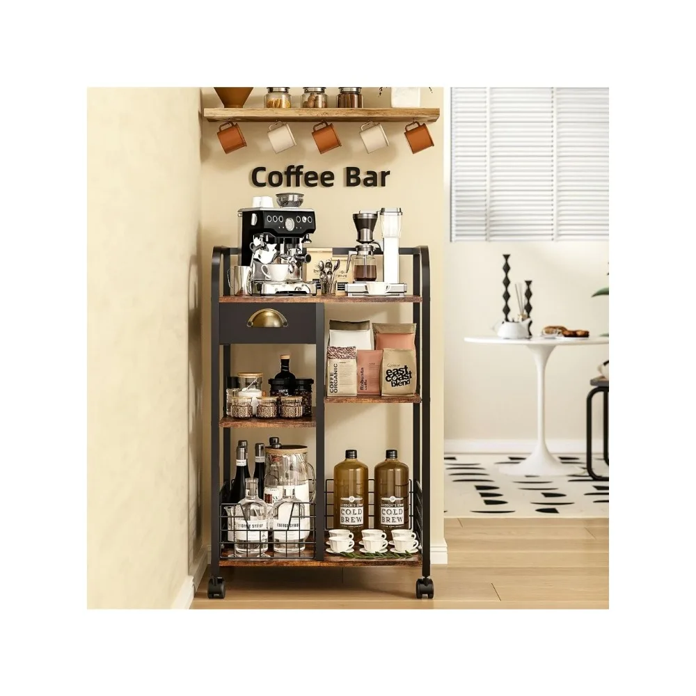 

Coffee Bar with Wheels, Mobile Coffee Table with Storage Drawer, 4-Tier Adjustable Coffee Cart,