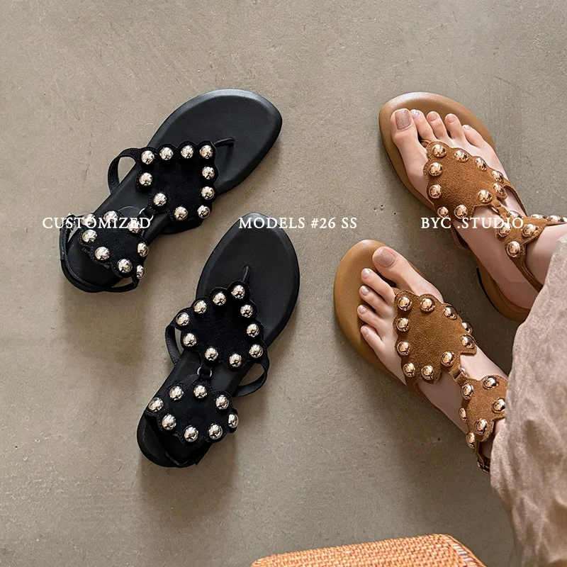 2026 summer women sandals natural leather plus size 22-25.5cm kid suede+sheepskin split toe mules rivet women slippers fashion