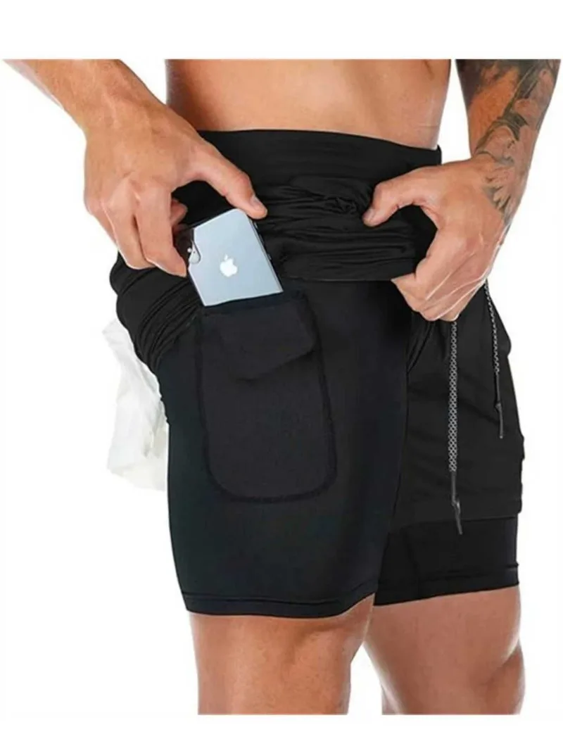 Pantalones cortos deportivos de secado rápido para hombre, pantalones cortos de entrenamiento transpirables que absorben la humedad para gimnasio con cordón de cintura elástica, diseño de doble capa