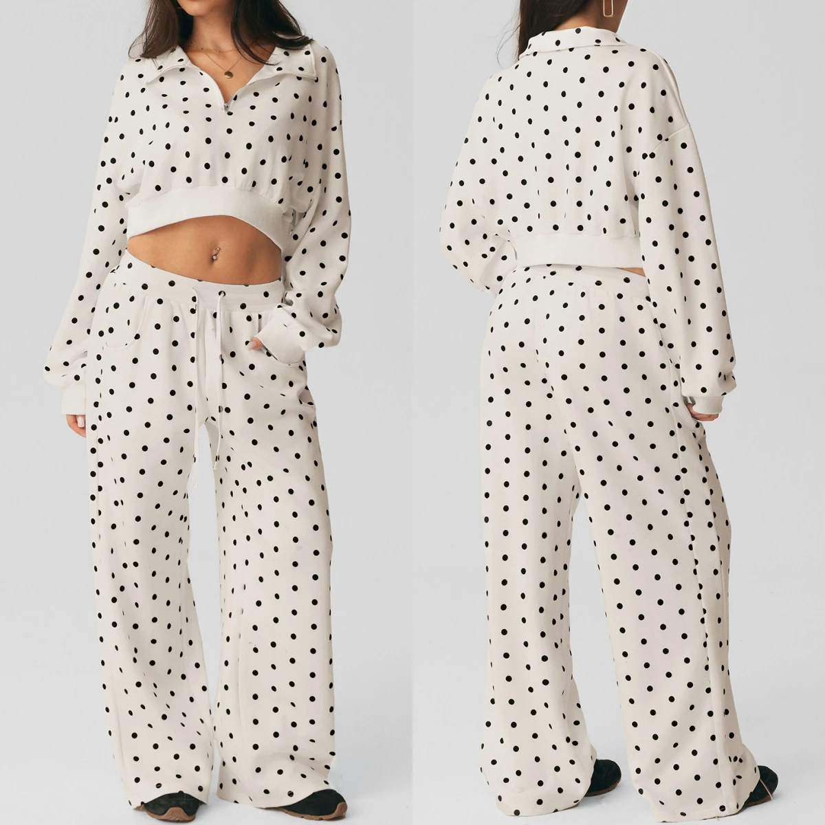 Fashion Women 2 Piece Polka Dot Sports Set Outdoor Sweatshirt Outfit Half Zip Long Sleeve Crop Top High Waist Wide Leg Pants