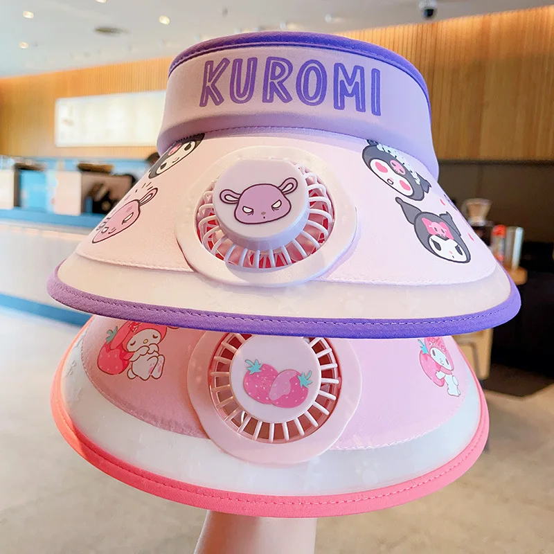 Anime Cinnamoroll Cartoon Sunscreen avec Fan Hat, Kawaii, My Melody Kuromi, Kt Cat, Chapeau de plage mignon pour enfants