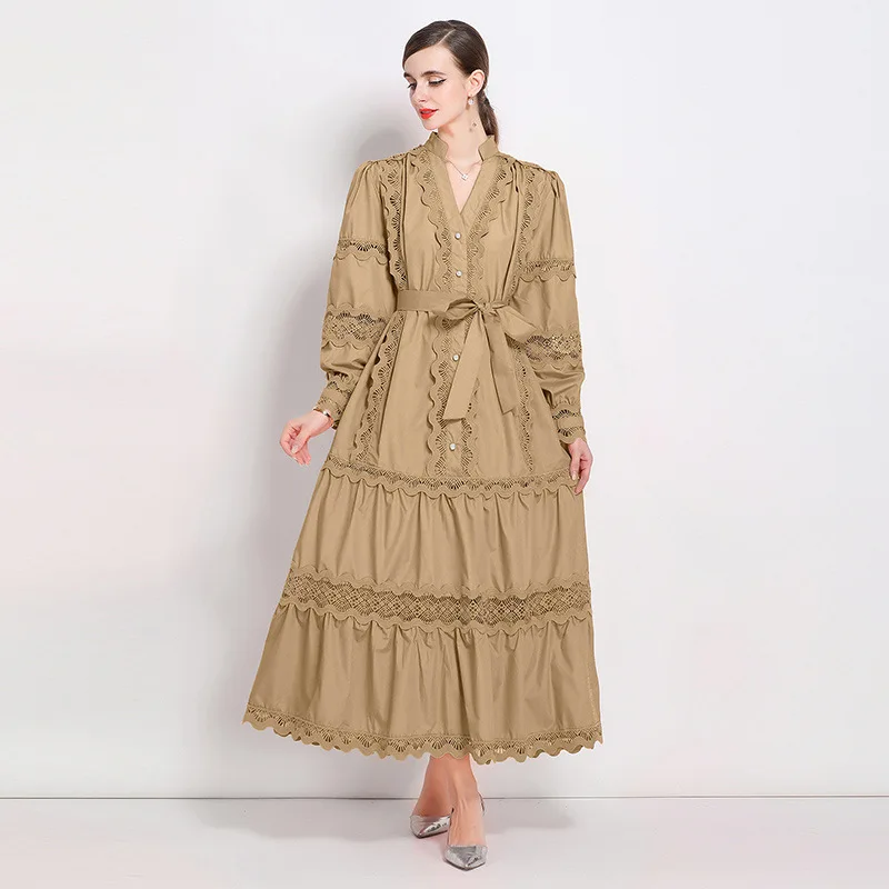 Ele Court Sle Aラインスカート、中空レースロングスリーブVネック、スリムデザイン、秋冬ストリートファッション向け