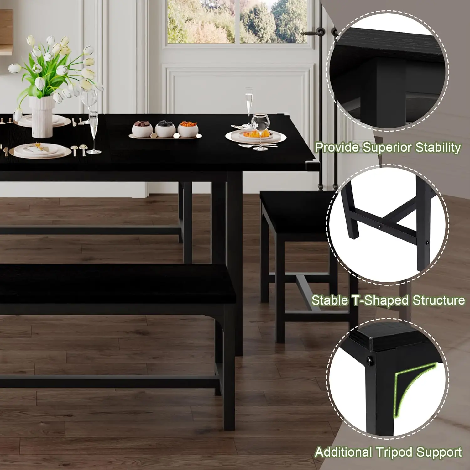 5-Piece Dining Table Set for 4-8 People, 63" Large Extendable Kitchen Table Set with 2 Benches and 2 Square Stools,