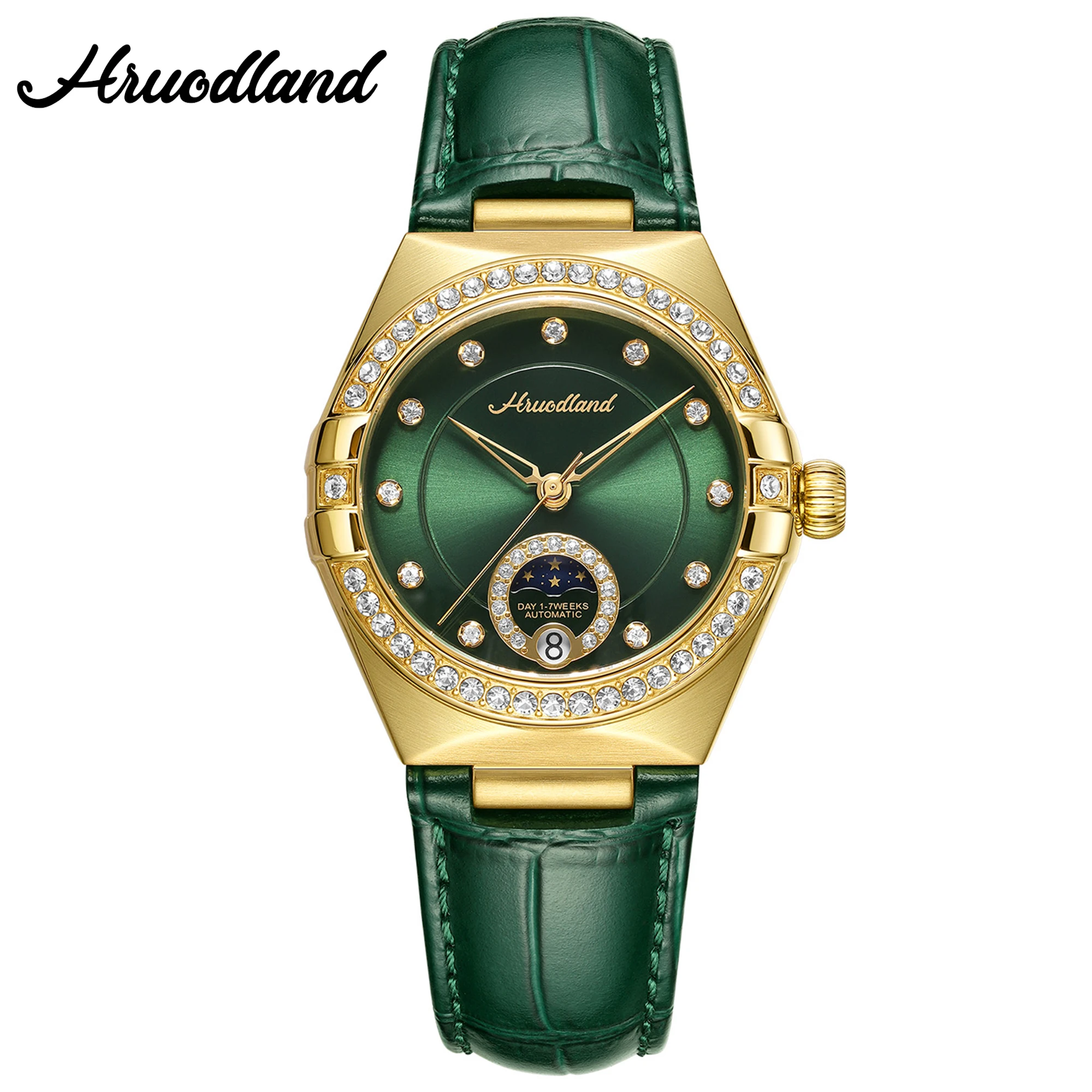 HRUODLAND Luxury Women Automatic Mechanical Watch Diamond Bezel Constellation Style Sapphire Crystal Leather Strap Gift Elegant