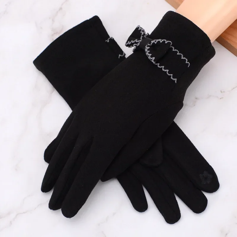 Стильные женские теплые сенсорные экраны плюс бархатные внутренние утолщенные ветрозащитные велосипедные милые элегантные эластичные мягкие перчатки с бантом