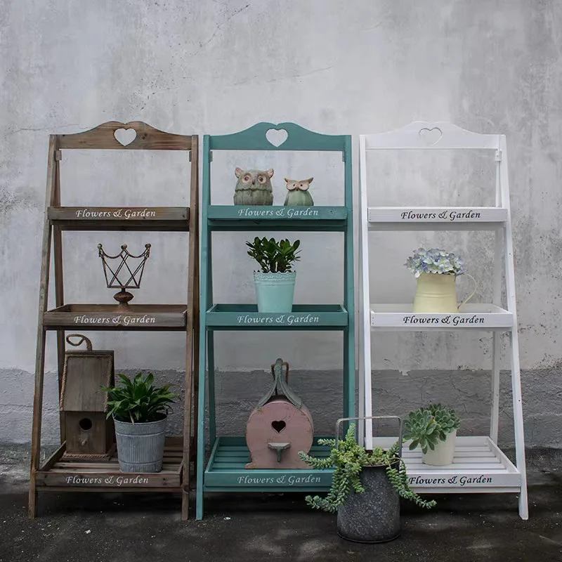 Solid wood flower steps Floor-to-ceiling multi-layer flower table Vintage flower stand Pastoral garden Gardening grocery storage