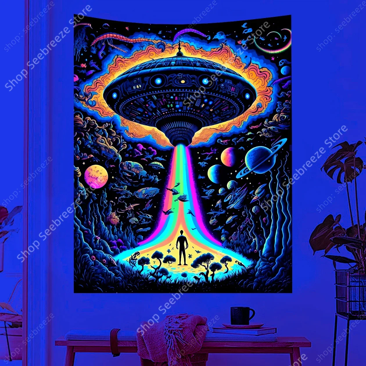 UV Reactive Poster, Movie Alien Spaceship Tapestry Wall Bohemian Style, Aesthetic Galaxy Backdrop Bedroom Living Room Dorm Decor