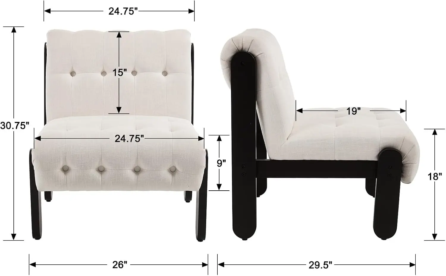 Armless Accent Chair Beige Linen Button Tufted Upholstered Lounge Reading Chair Black Wood Frame Living Room, Customized