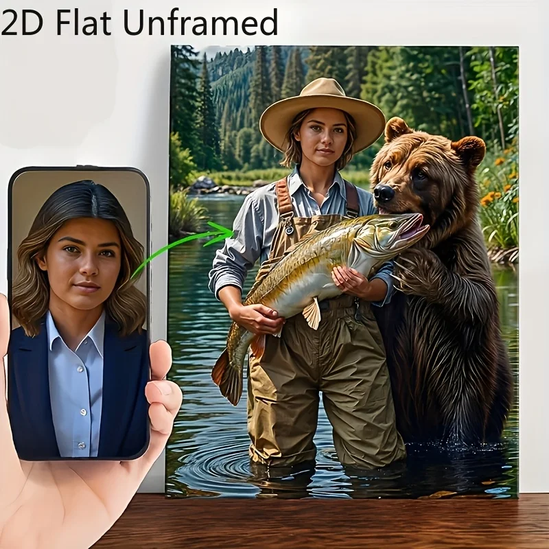 Custom Fisher Woman Portrait Canvas, Upload Your Photo Personalized Bear Fishing Wilderness Poster, Unframed Wall Art Home Decor