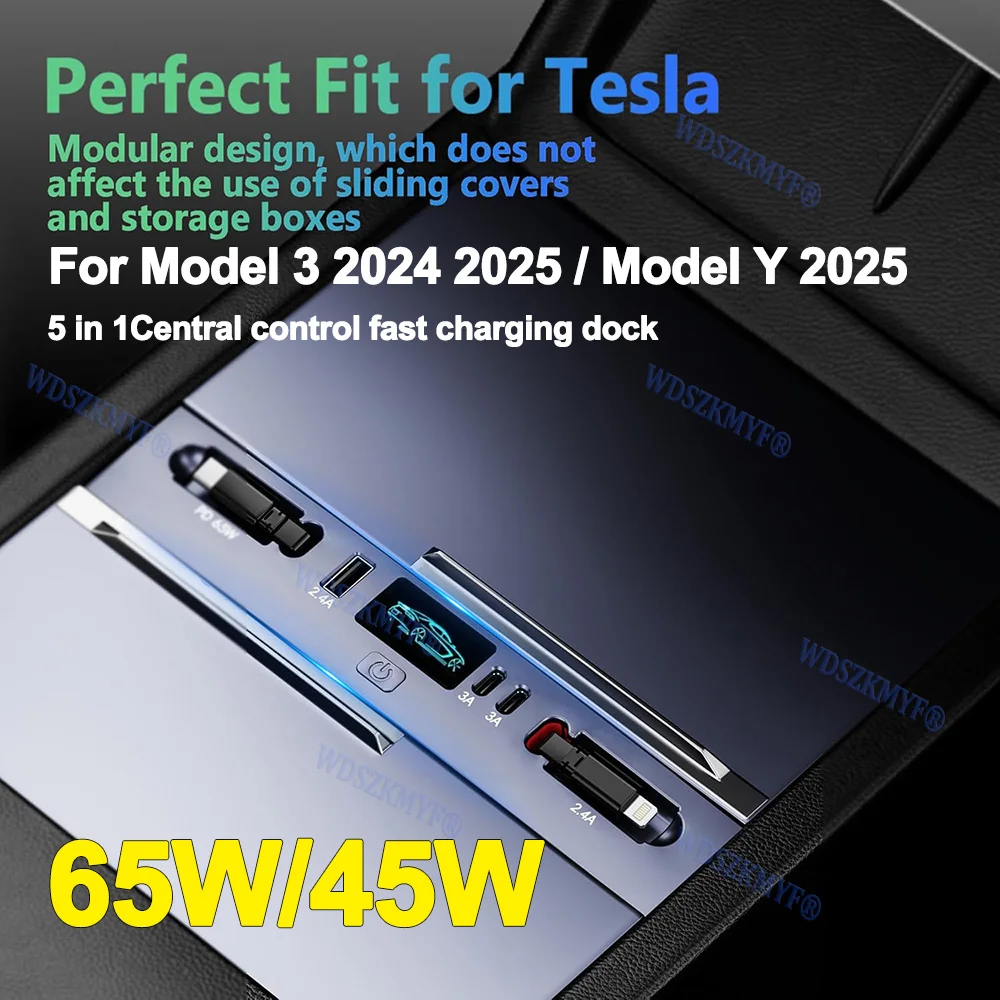 

Автомобильное USB-зарядное устройство мощностью 65 Вт, 45 Вт, 5 портов для Tesla Model 3/2025 Y 2024-2025, многофункциональное центральное управление для аксессуаров Tesla