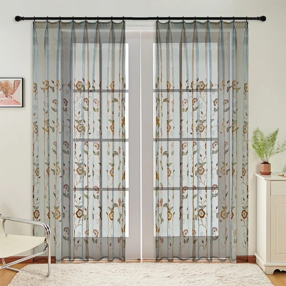 LOZUJOJU Emboirdered Curtain Sheer Tulle Floral Flower Transparent Window Decor Grommet Top Curtain for Home Bedroom1PC