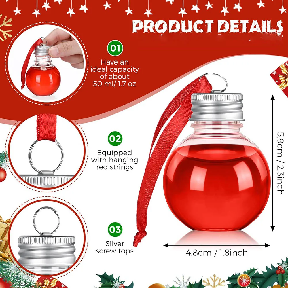 6/100Pcs Christmas Tree Ornament Fillable Booze Water Bottle Bulbs Shape Plastic Clear Christmas Ball Pendant Home Party Decor