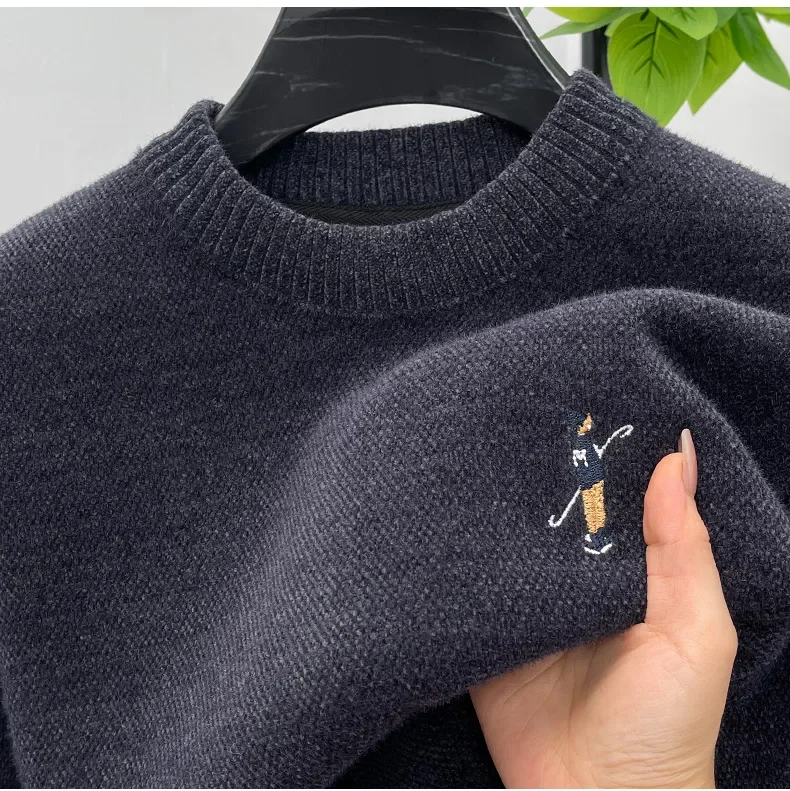 Embroidery Integrated Fleece Men's Crew Neck Pullover Sweater Thick Fleece Thermal Top Knittwear Fashion Bottom Shirt Men's Wear