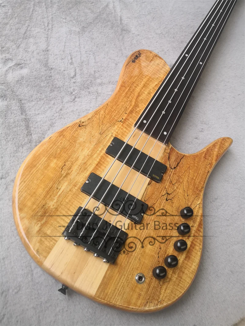 5 Strings Bass Guitar Fora Bass ASH Wood Body Burl Maple Top Fretless Rosewood Fingerboard Active Battery Black Tuners Fixed Bri