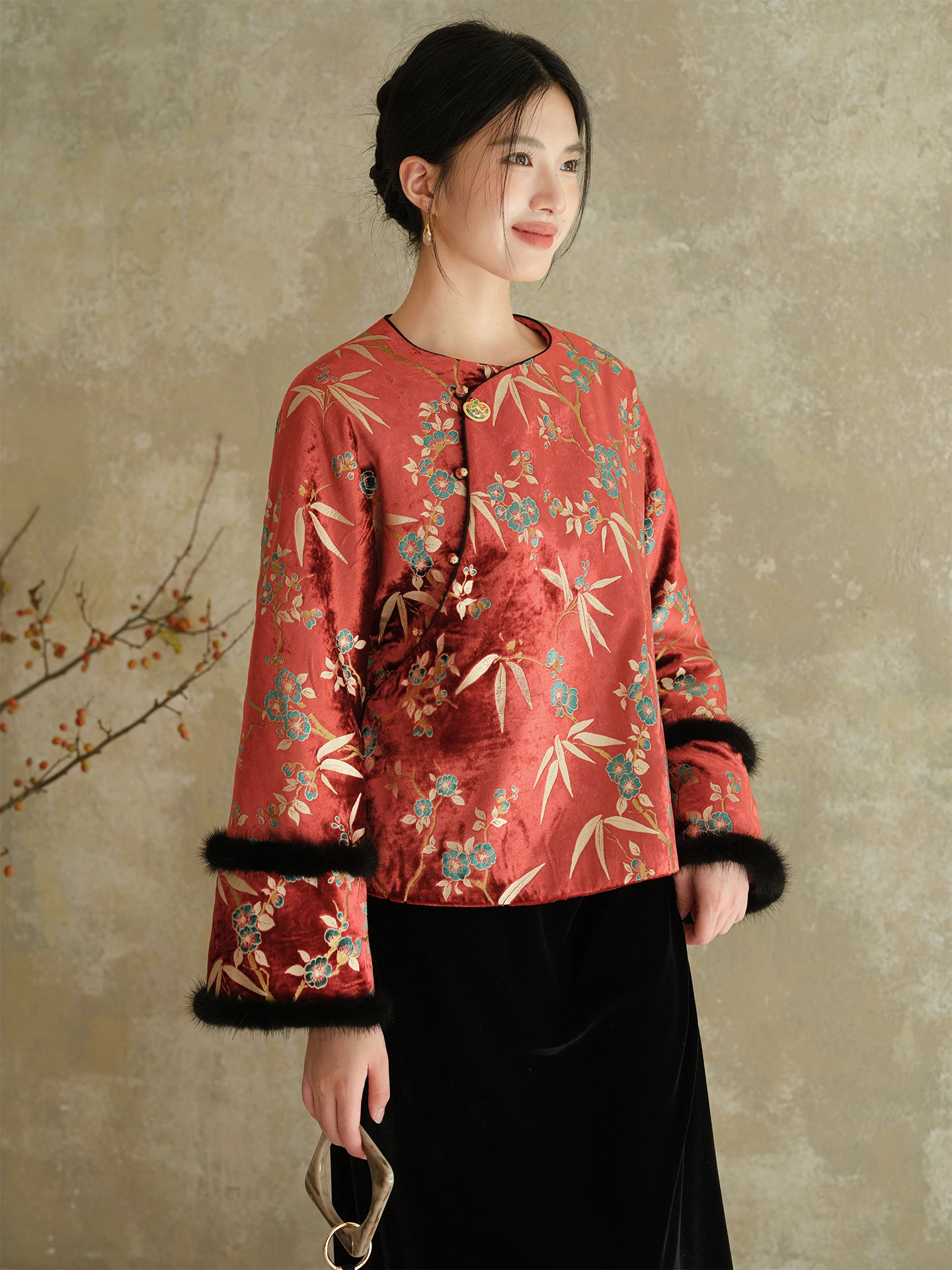 

Red Velvet Embroidered Jaet Chinese Sle Women's Winter Coat Gold Foil Printing Slanted Collar Traditional National Faion