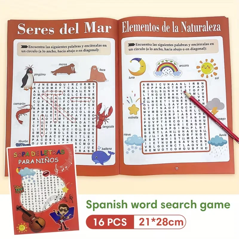 Libro de actividades de búsqueda de palabras en español para niños, juego de rompecabezas de aprendizaje bilingüe de 16 páginas con vocabulario español-inglés, práctica de ortografía