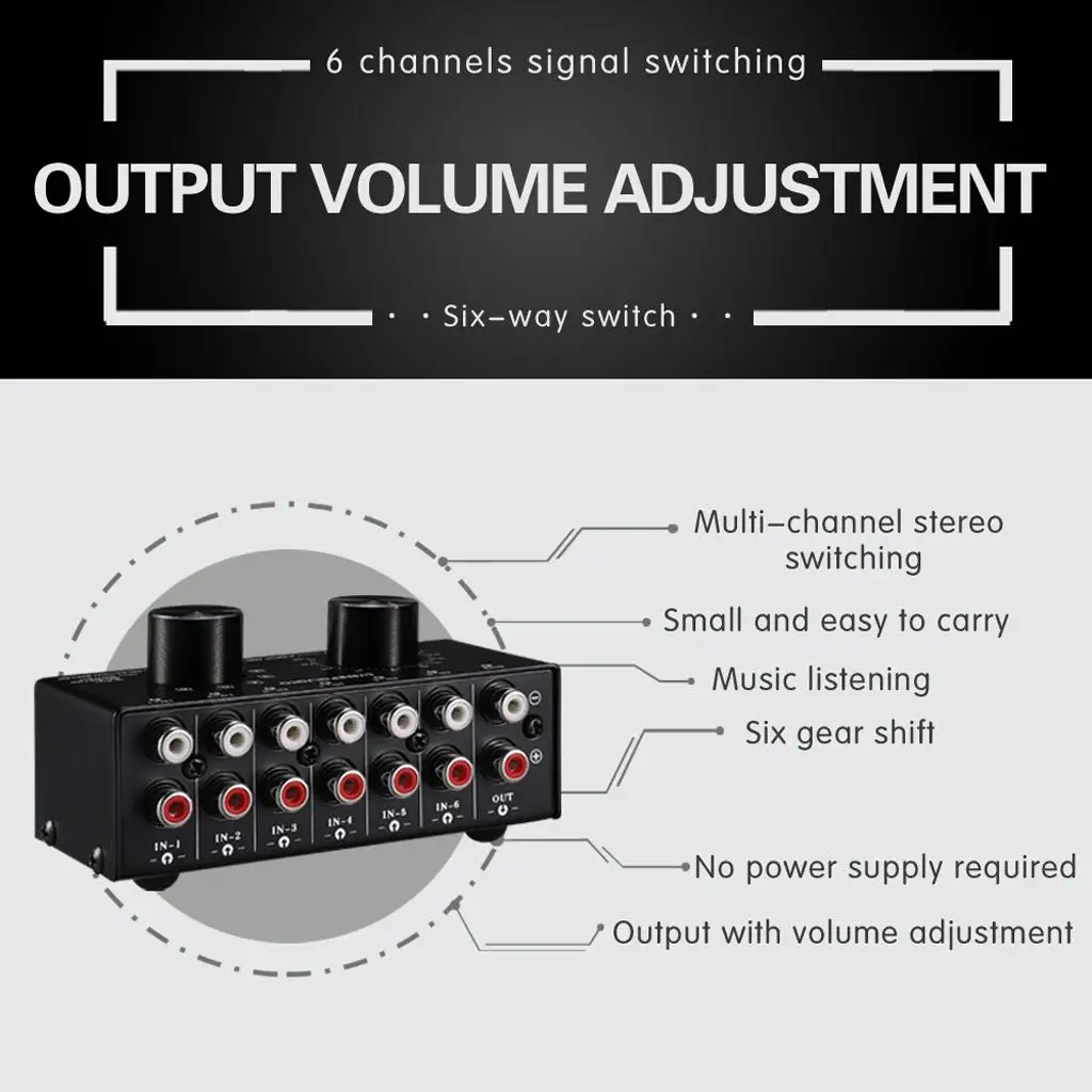 Black Metal Audio Signal Source Switcher 6 Input 1 Output Splitter with Volume Control for Speaker System
