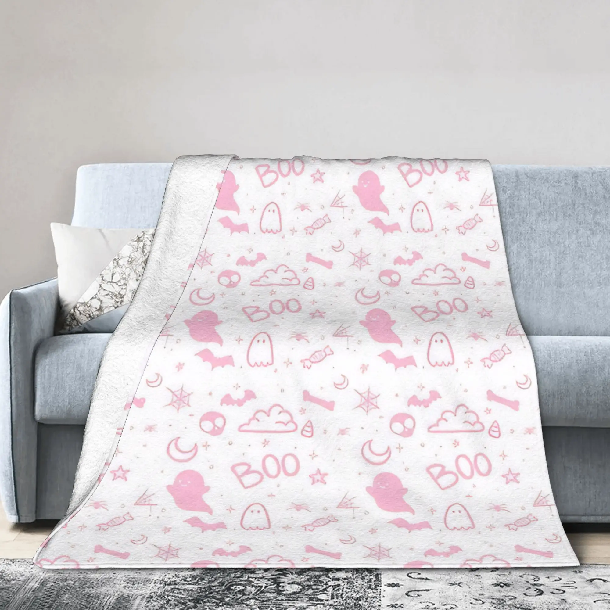 Cute witchy Ghost Halloween  Wool Blankets Pink Coquette Ghost Custom Throw Blanket for Home 125*100cm Bedspreads,