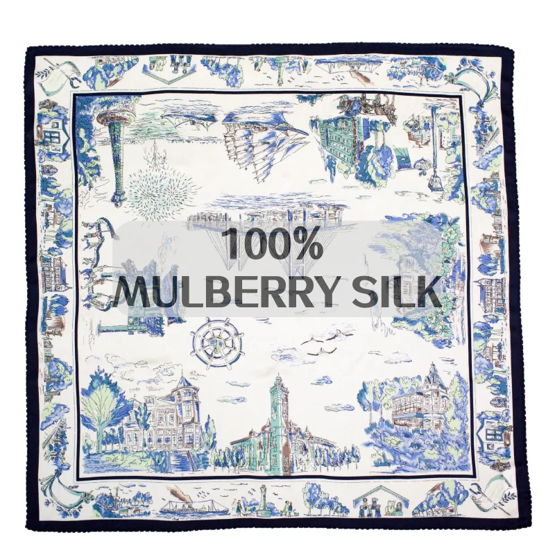 

French Art 100% Mulberry Silk Square Scarf for Women Hand Drawn City Print Lace Trim Breathable Skin Friendly Neck Shawl