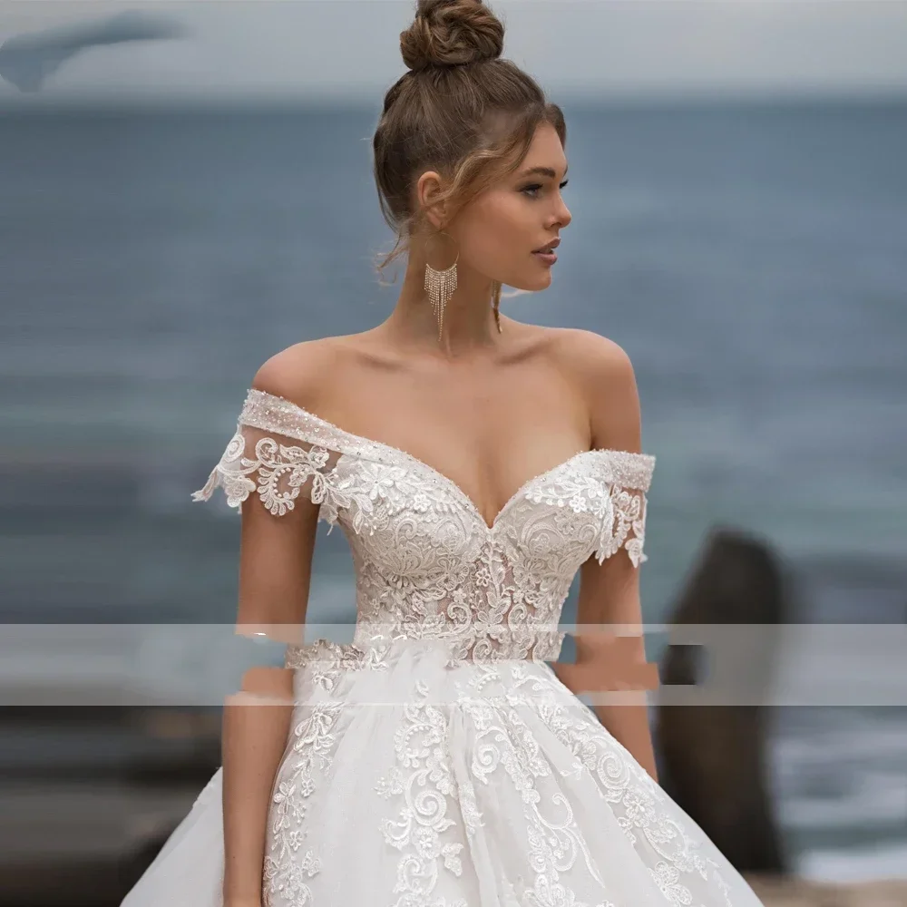 Elegant White A-Line Applique Bead Wedding Dress Sexy Strapless Trailing Church Style Bridal Gown Vestido De Novia Customized