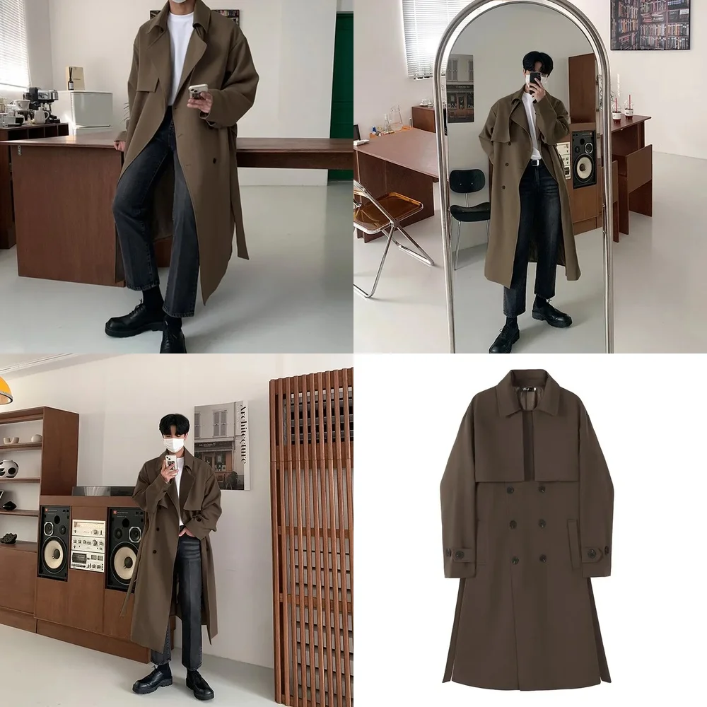 

Мужской плащ в британском стиле, однотонная двубортная длинная ветровка большого размера, стильная верхняя одежда, корейская мода