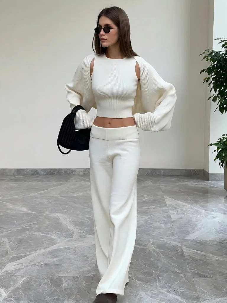 Wolfeel Women's Knitted Three Piece Ribbed Sleeveless Crop Top Long Sleeved and Long Pants Set Suitable for Casual Daily Wear