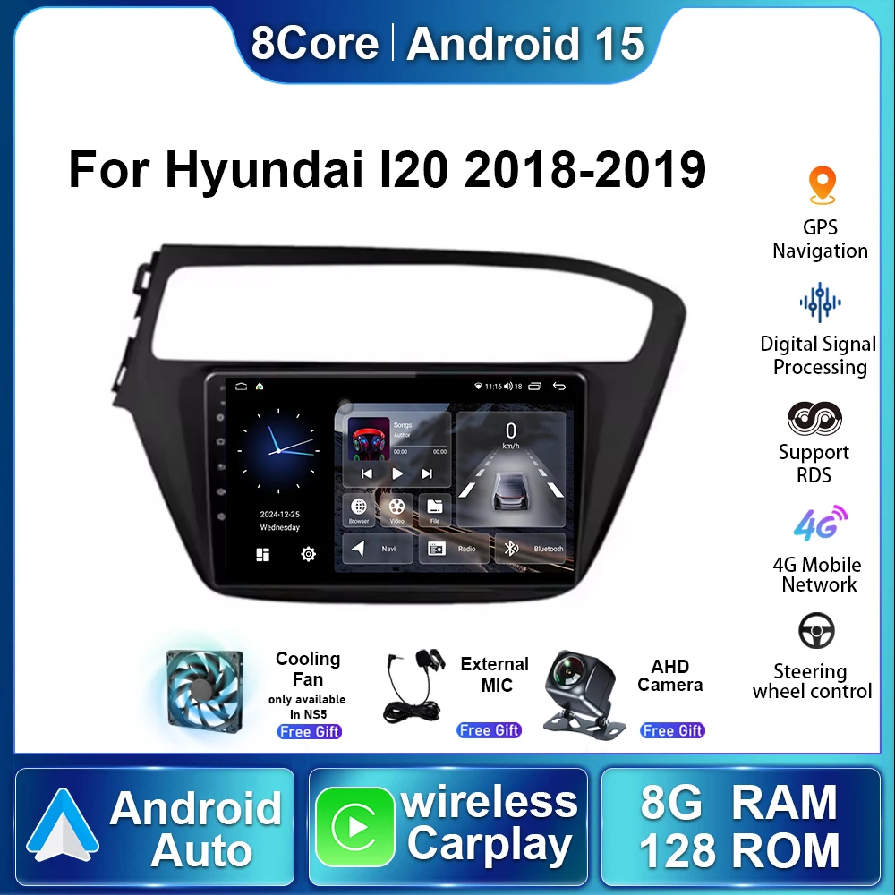 

8 ГБ ОЗУ + 128 ГБ ПЗУ для HYUNDAI i20 2018-2019, 9-дюймовый автомобильный мультимедийный плеер Android 15 с сенсорным экраном, GPS-навигацией и CarPlay