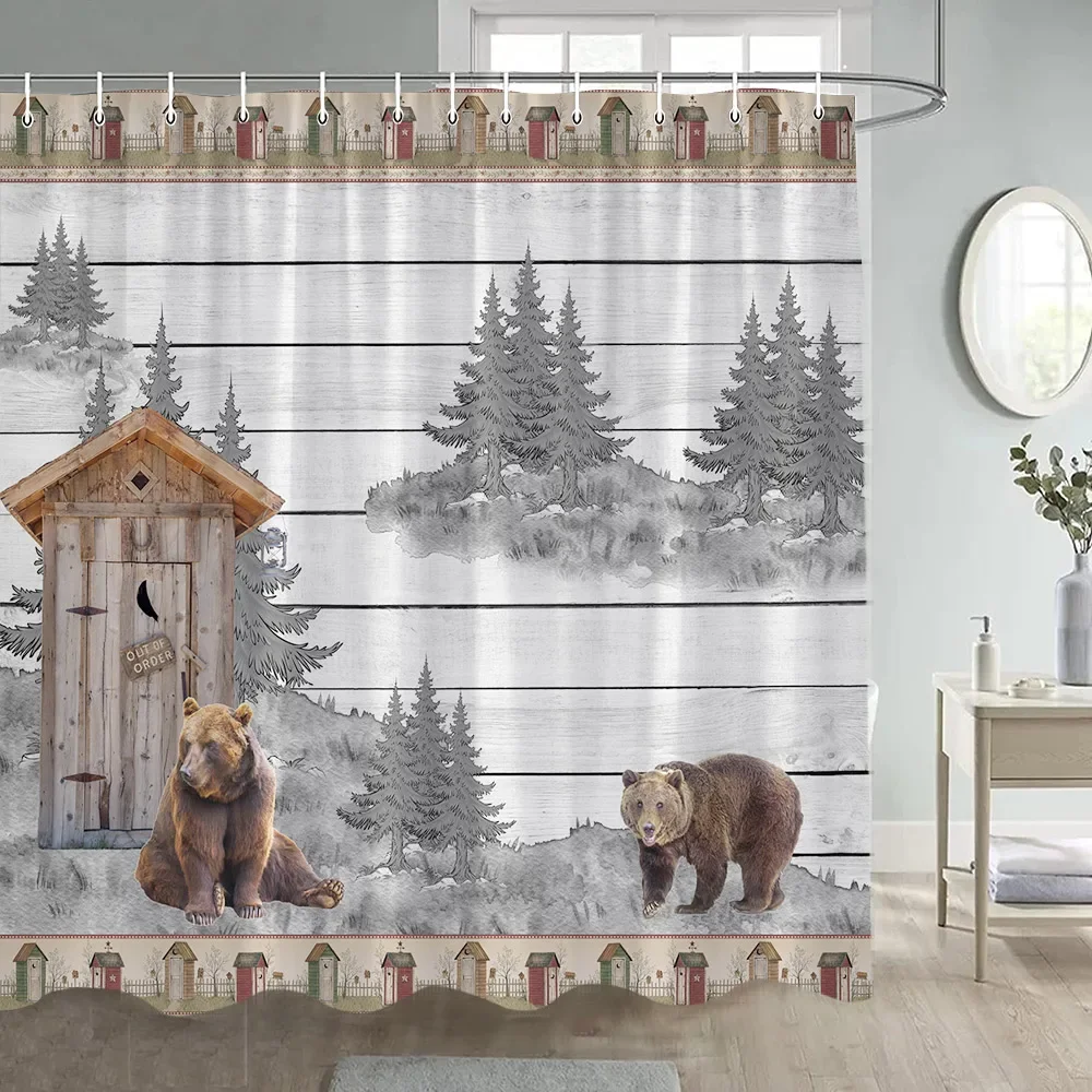 Rustic Farm Shower Curtain Brown Bear Reindeer Texas Star Grey Wood Board Bath Curtain Polyester Cloth Bathroom Decor with Hooks