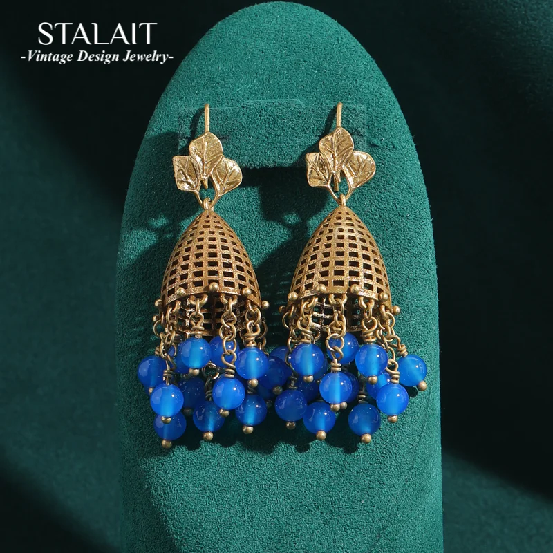 

Vintage Jewelry Gold Color Birdcage Bell Drop Dangle Earrings Woman With Blue Glazed Luxury Brand Designer Antique 2025 New