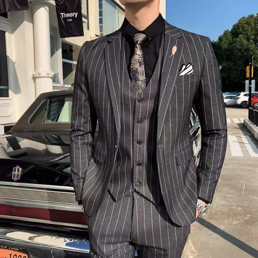 Formal Men\'s Striped Suit Two-Piece Blazer Vest Pants Set Slim Fit Classic Tuxedo Set for Wedding Party Business