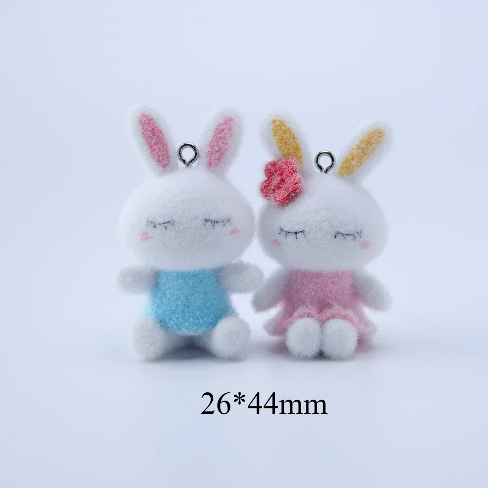 10Pcs 3D Cartoon Flocking Resin Rabbit Charms Plush Animal Pendant For Phone Bag Keychain Earring DIY Crafts Jewelry Make