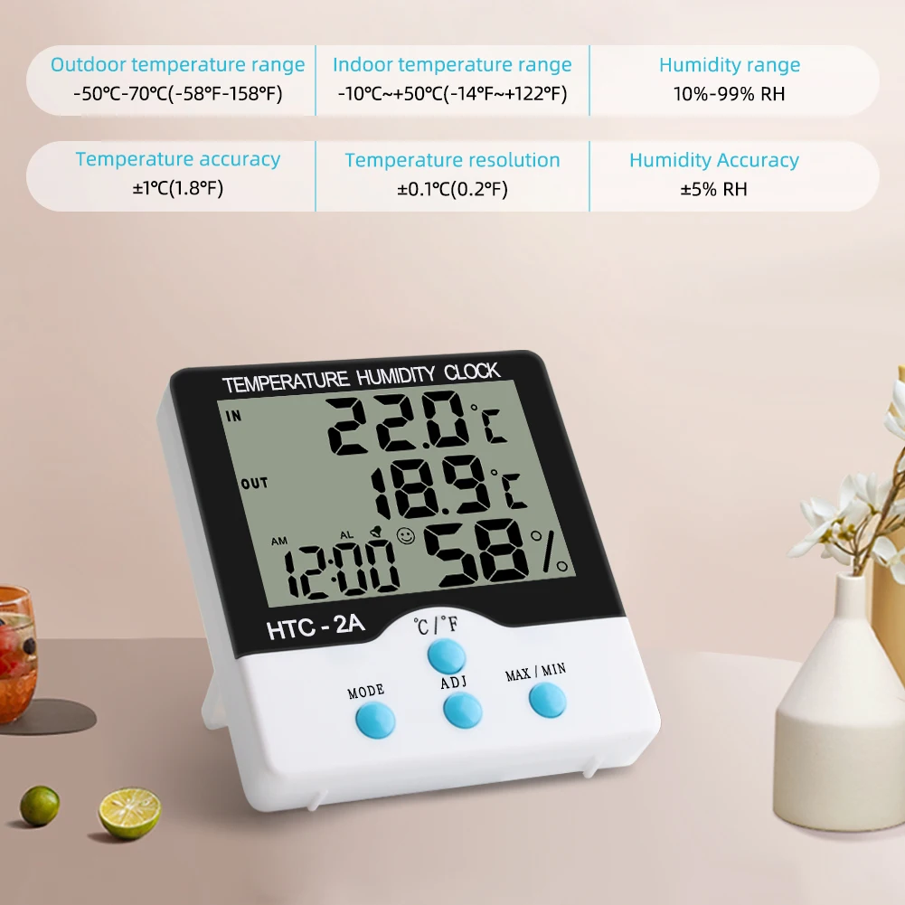 HTC-2A Thermo-Hygrometer -50°C~70°C with Probe Alarm Clock Refrigerator Indoor Outdoor Thermometer Hygrometer Sensor Meter