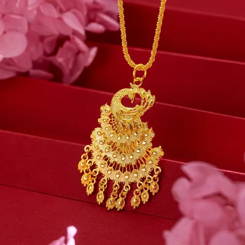 

9999 Real Gold 24K Retro Phoenix Pendant Necklace Atmospheric Wedding Smart Phoenix Sweater Chain Women