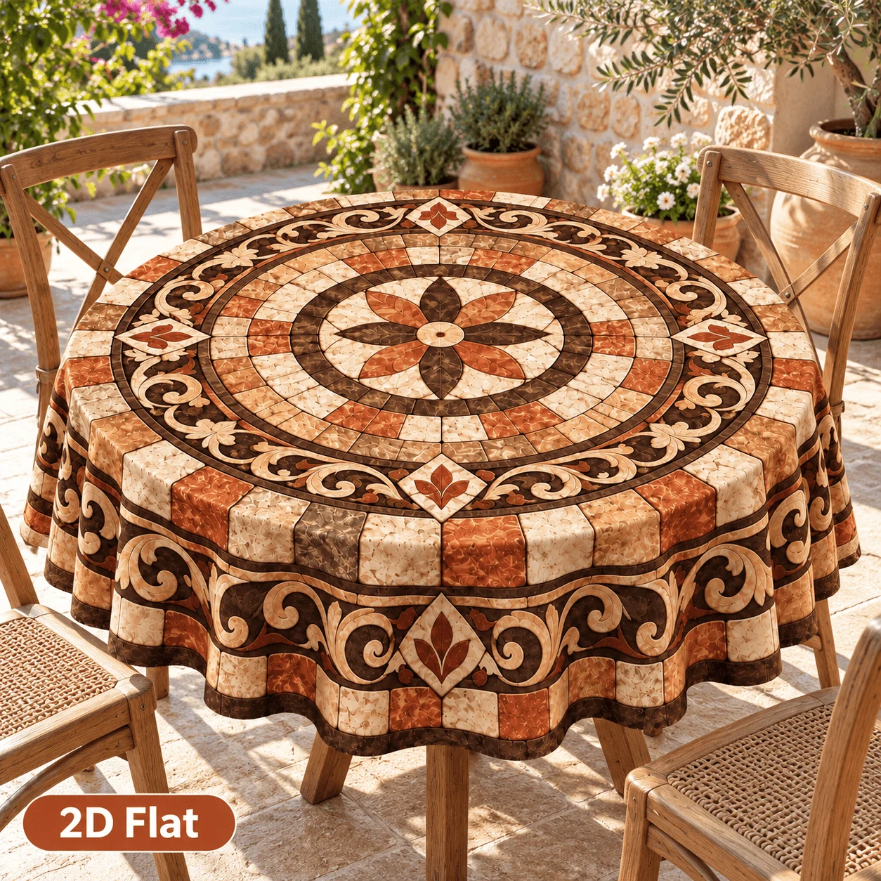 1pc Warm Brown Vintage Stone-Effect Round Table with 2D Flat Pattern Printing. Enhances the dining table atmosphere.