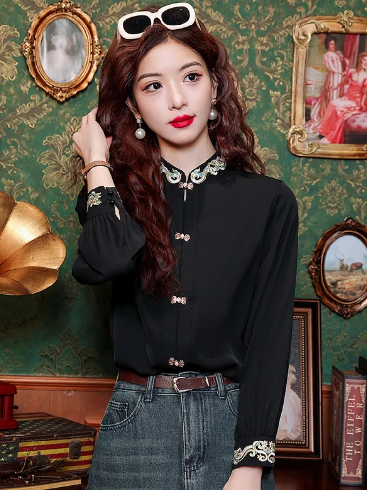 New Chinese Style Improved With Horse-Face Skirt Top Women\'s Spring Clothing 2024 New Embroidery Beautiful Chiffon Shirt Camisas