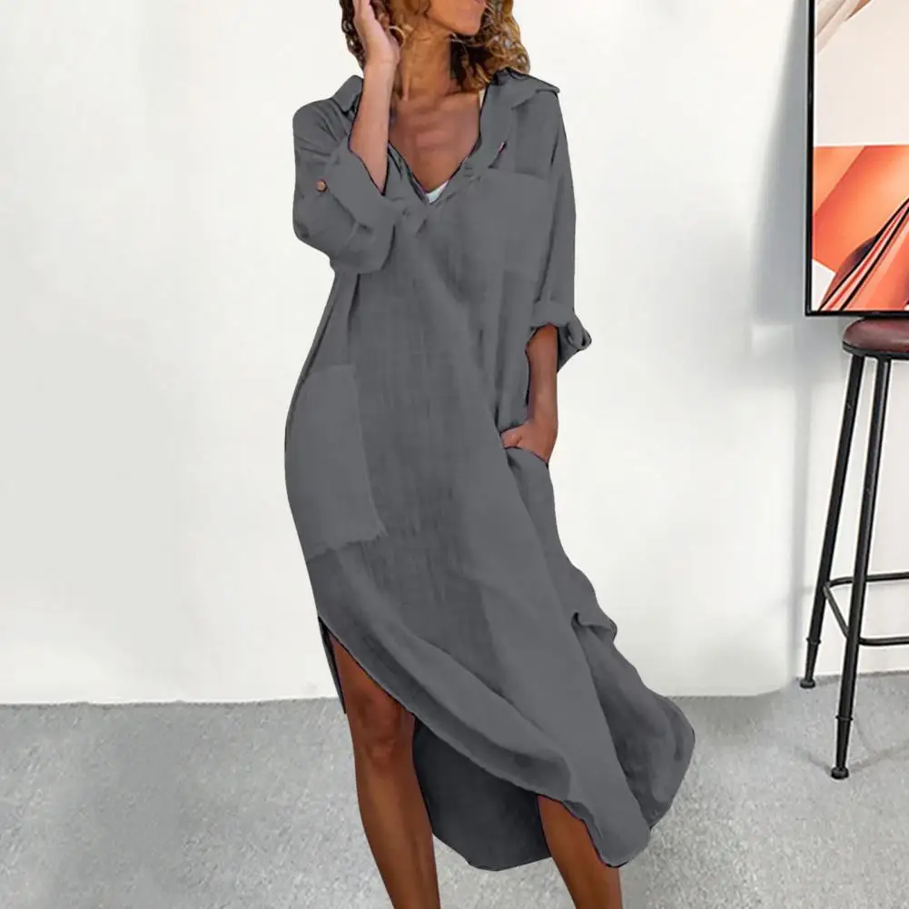 Ladies Lapel Collar Dress Stylish Women\'s V-neck Shirt Dress with Pockets Side Split Loose Fit Midi Dress for Beach Holiday