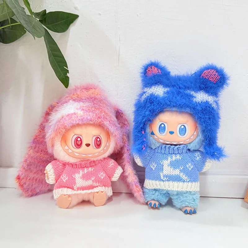 

For 15/17cm LABUBU Charm Cute Knitted Sweater Replacement – Pink-Blue Deer Sweater With Plush Hat Set Christmas Holiday