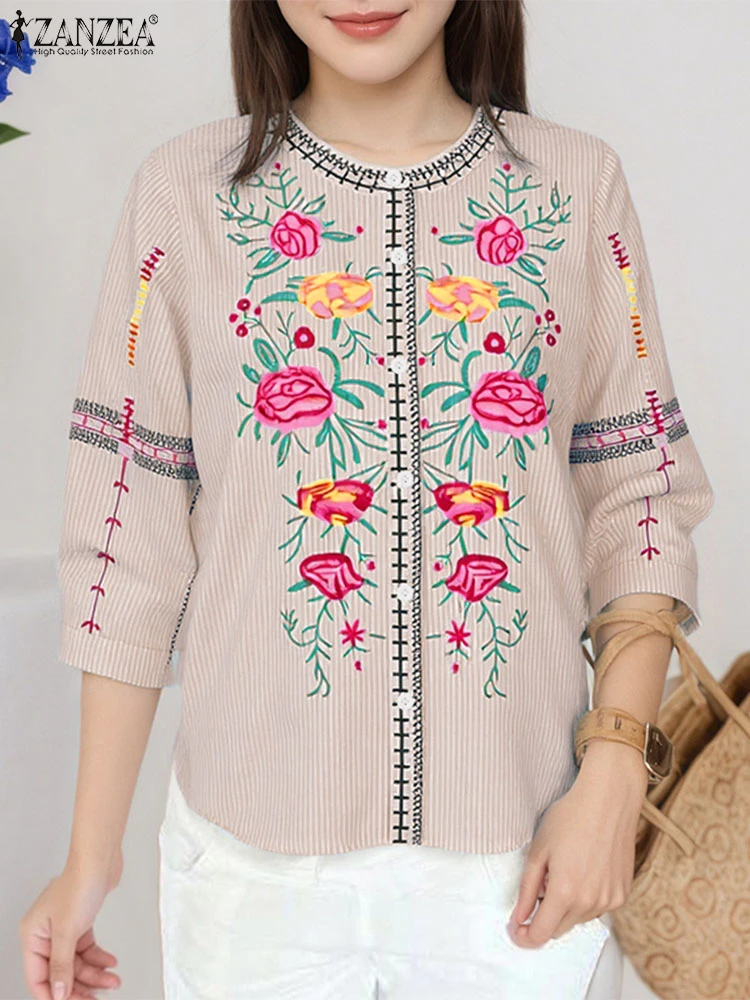 

ZANZEA 2025, женские рубашки, винтажные топы с рукавами 3/4, лето-весна, с круглым вырезом и пуговицами, Blusas, повседневные свободные туники с цветочным принтом, S-3XL